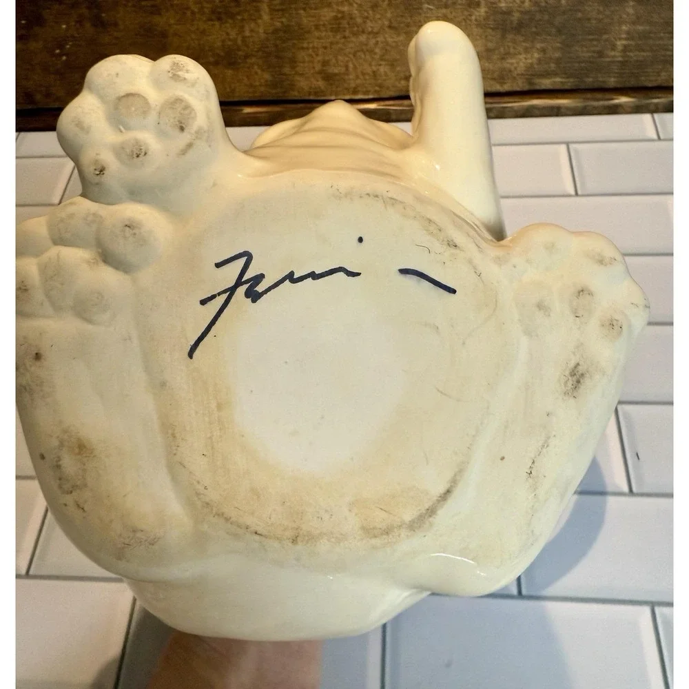 Vintage Cat Ceramic Teapot‎ w/ Bamboo Handle Signed Fumi — Crazing, Chip on Lid